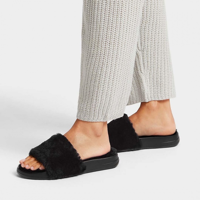 Ciabatte Fitflop Iqushion Shearling Slides Donna Nere | IT-78154HBXN