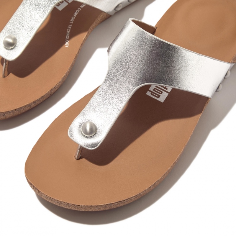 Sandali Con Puntale Fitflop Iqushion Pelle Thongs Donna Argento | IT-98372XSBH