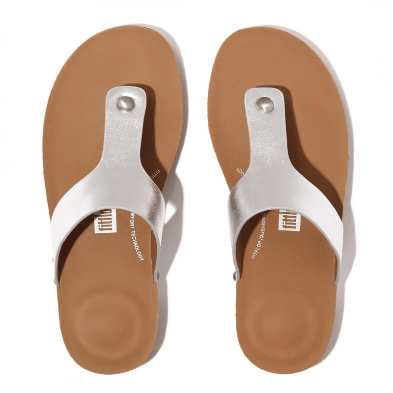 Sandali Con Puntale Fitflop Iqushion Pelle Thongs Donna Argento | IT-98372XSBH