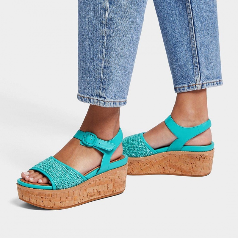 Sandali Zeppa Fitflop Eloise Faux Raffia Back Cinturino Donna Blu | IT-34260IULA